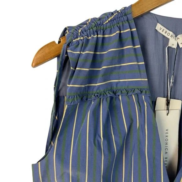 NWT Veronica Beard Teagan Stripe Ruched V-Neck Midi Dress Blue Size 6 Side Slit - Picture 5 of 16